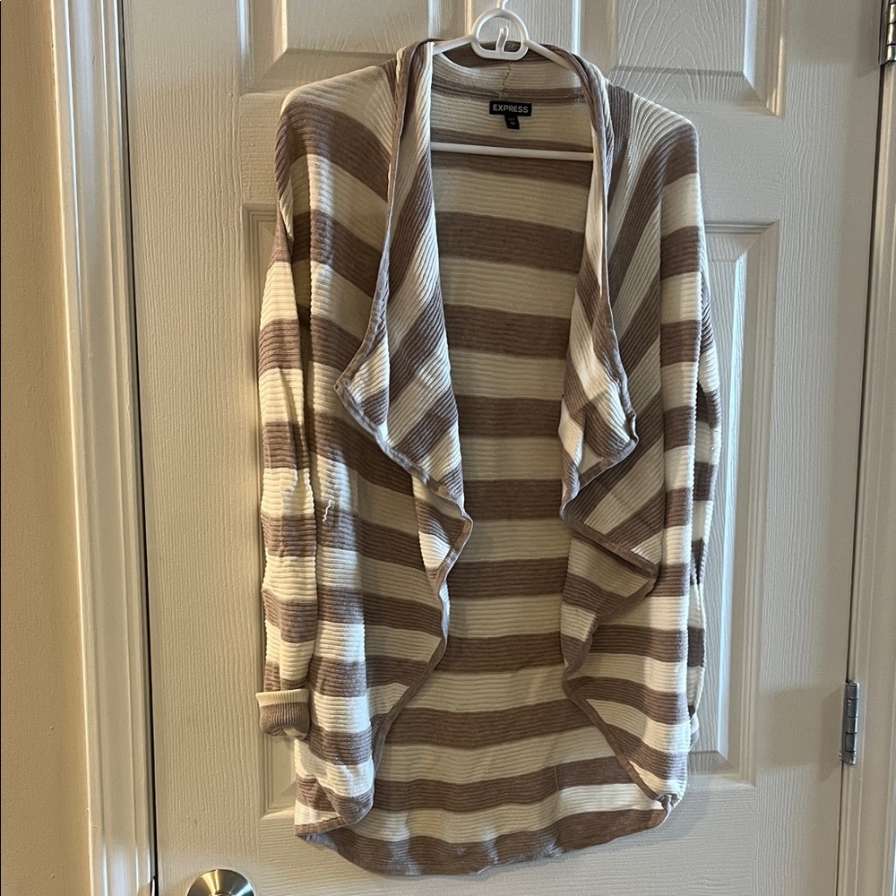 Express Cream and Brown Striped Open-Front Cardigan